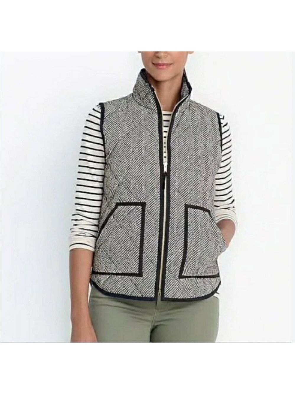 J.Crew Herringbone Puffer Vest Women’s S Full Zip Pockets Black White Quilted